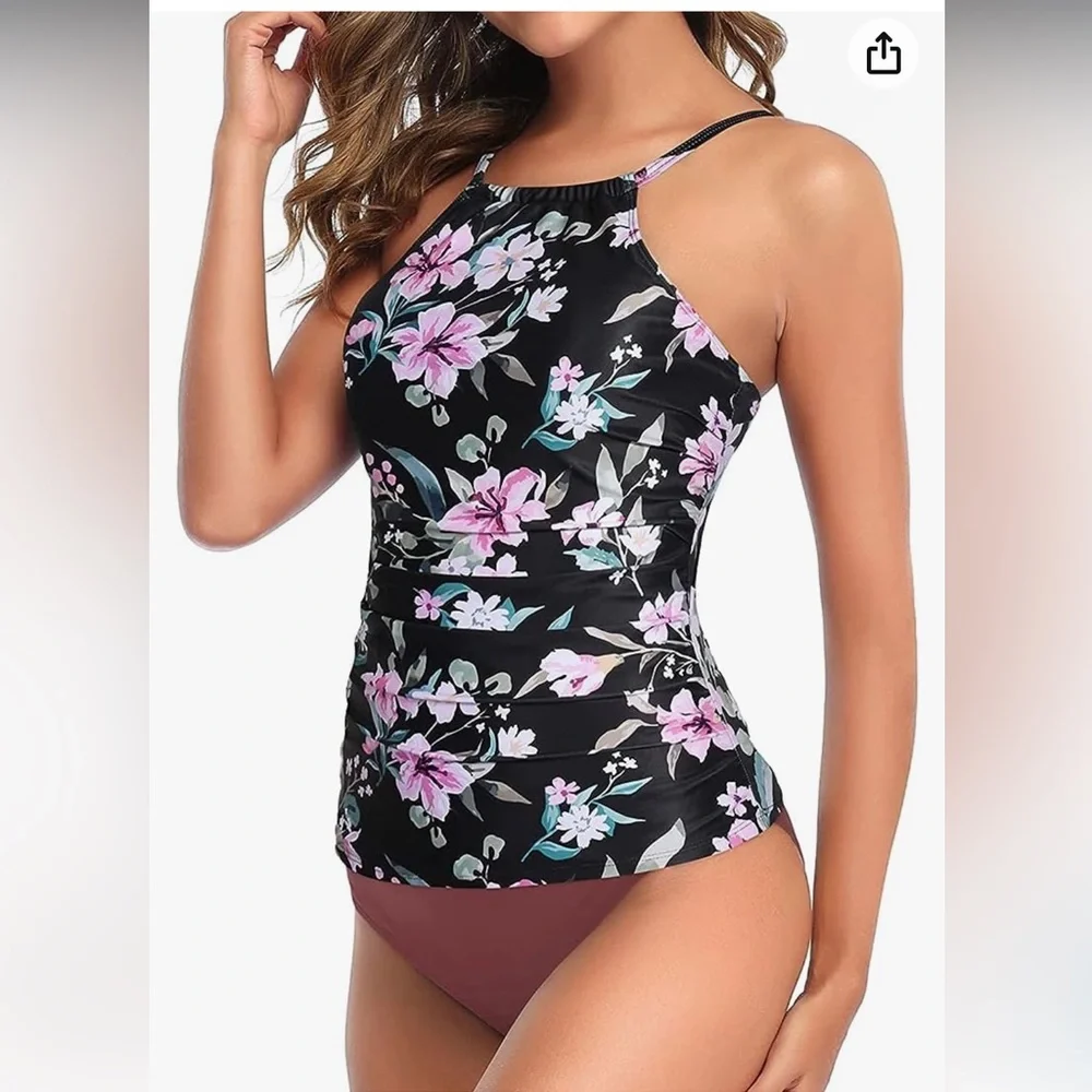 Tempt Me Two Piece Tankini  High Neck Ruched Tummy Control Top with Bottom - Picture 4 of 10